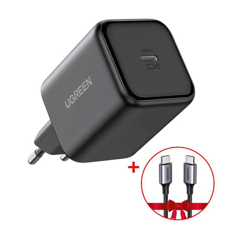 UGREEN 45W GaN Fast Charger - USB-C - EU Plug - Black + UGREEN USB-C to USB-C ROUND CABLE (60w) Braided BLACK