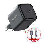 UGREEN 45W GaN Fast Charger - USB-C - EU Plug - Black + UGREEN USB-C to USB-C ROUND CABLE (60w) Braided BLACK
