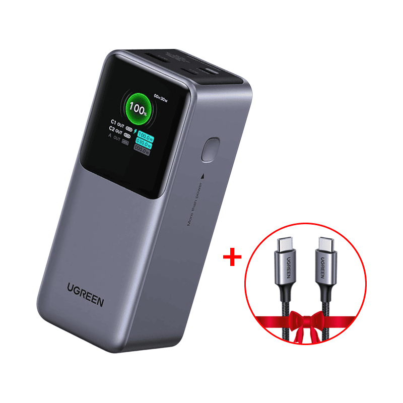 UGREEN PB721 Power Bank 20000mAh, 130W, QC + PD, 1 x USB-A - 2 x USB-C, Gray + UGREEN USB-C to USB-C ROUND CABLE (60w)